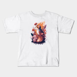 Cat in fire and flowers Kids T-Shirt